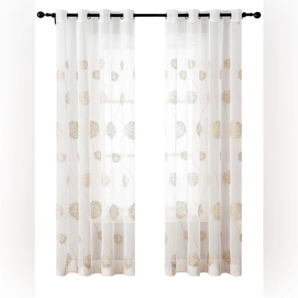Sheer Embroidered Curtain Panels Grommet Top Gold 54 X 84 inches